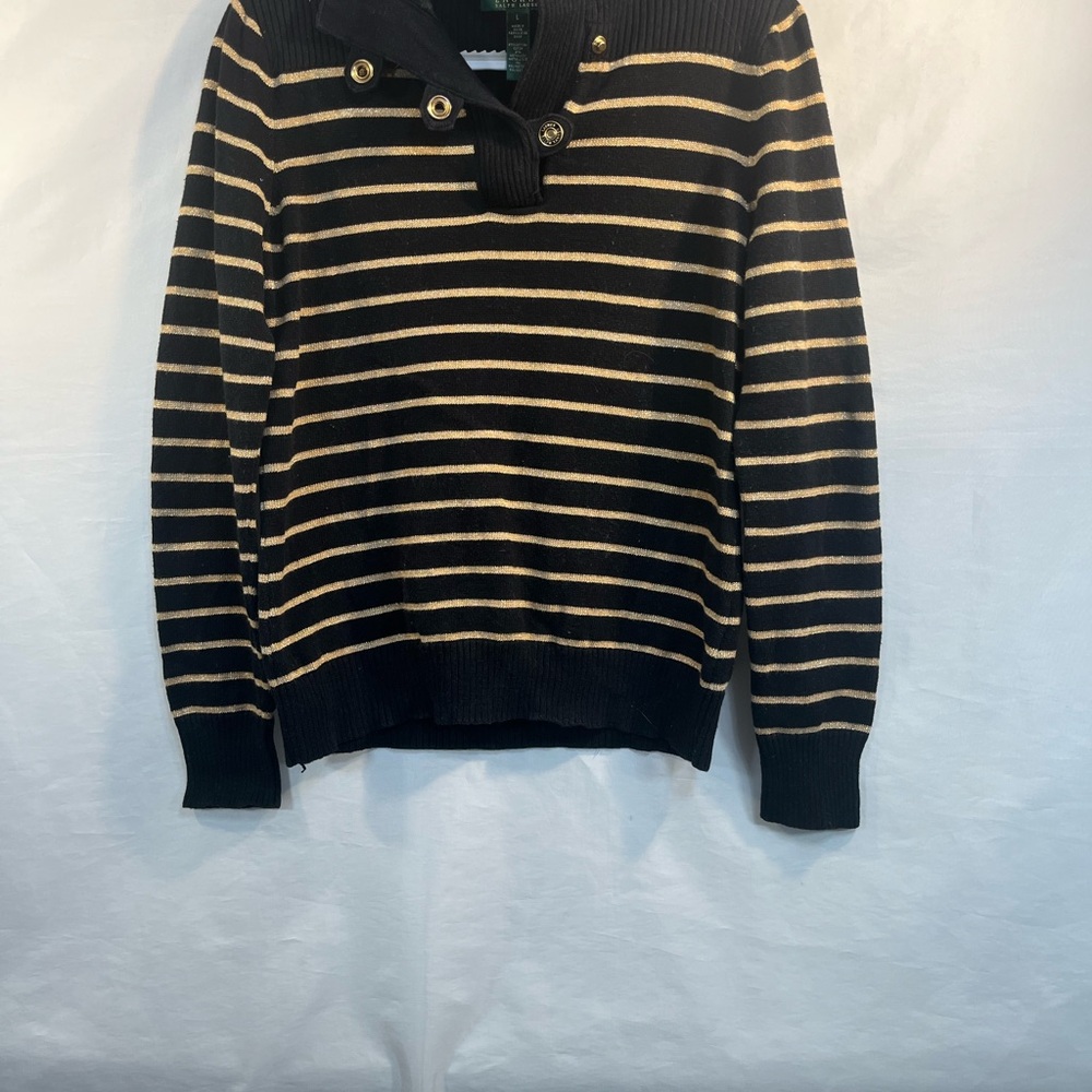 Lauren Ralph Lauren Black Gold Striped Mockneck Sweater Metallic Sz Lg Nautical